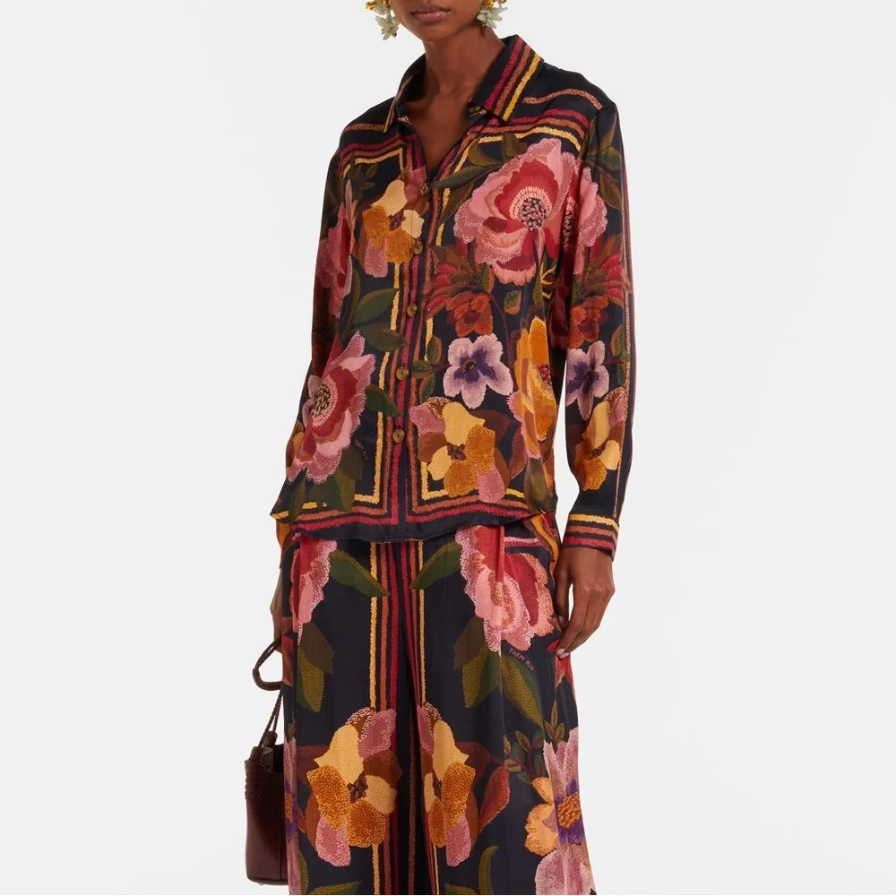 Farm Rio: Farm Rio Black Chenille Flowers Shirt - Picture 4 of 15